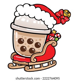 Cute Character Cartoon Bubble Milk Tea, Black Pearls is Taiwanese famous and popular. Gifts on Santa's sledge. Merry Christmas and Happy New Year Celebration Concept.