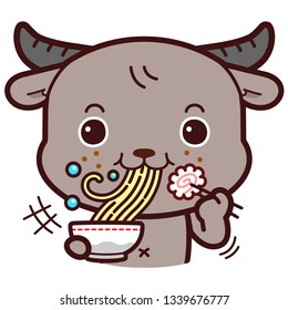 Cute character cartoon Buffalo, eating ramen noodles. 