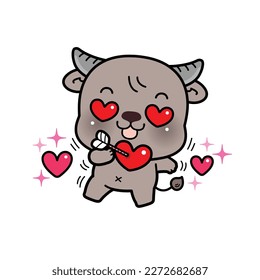 Cute Character Cartoon Buffalo in love with hearts in eyes in and heart with arrow, I love you, Valentine's Day illustration. isolated on white.