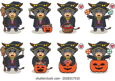 Cute Character Cartoon of Buffalo with Witch costume. halloween set. Good for icon, label, sticker, clipart. Vector illustration.