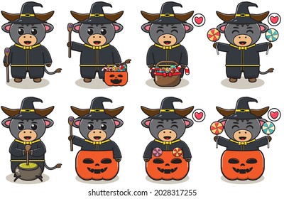 Cute Character Cartoon of Buffalo with Wizard costume. halloween set. Good for icon, label, sticker, clipart. Vector illustration.
