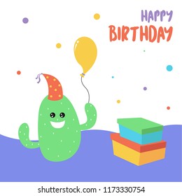 Cute character cartoon cactus in a pot with happy face. Can be used for kids shirt print, birthday cards, greeting, invitations or sticker. Vector illustration