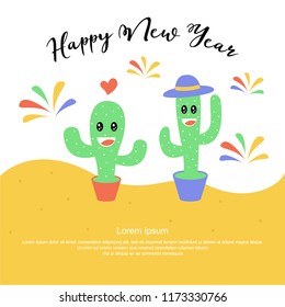 Cute character cartoon cactus in a pot with happy face. Can be used for kids shirt print, birthday cards, greeting, invitations or sticker. Vector illustration
