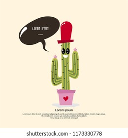 Cute character cartoon cactus in a pot with happy face. Can be used for kids shirt print, birthday cards, greeting, invitations or sticker. Vector illustration