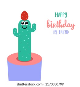 Cute character cartoon cactus in a pot with happy face. Can be used for kids shirt print, birthday cards, greeting, invitations or sticker. Vector illustration