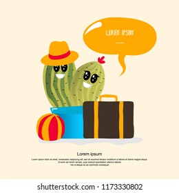 Cute character cartoon cactus in a pot going travel for holiday with happy face. Can be used for kids shirt print, birthday cards, greeting, invitations or sticker. Vector illustration