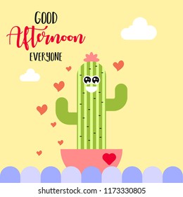 Cute character cartoon cactus in a pot with happy face. Can be used for kids shirt print, birthday cards, greeting, invitations or sticker. Vector illustration