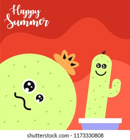 Cute character cartoon cactus in a pot with happy face. Can be used for kids shirt print, birthday cards, greeting, invitations or sticker. Vector illustration