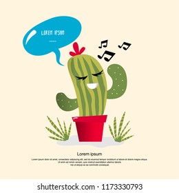 Cute character cartoon cactus singing in a pot with happy face. Can be used for kids shirt print, birthday cards, greeting, invitations or sticker. Vector illustration