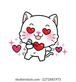 Cute Character Cartoon Cat in love with hearts in eyes in and heart with arrow, I love you, Valentine's Day illustration. isolated on white.