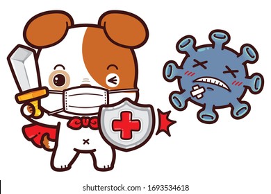 Cute Character Cartoon Dog wearing a mask for protection from Coronavirus (COVID-19) ready to fight virus. Hero battle versus coronavirus (Covid-19) symptoms, viral infection, flat illustration concept.