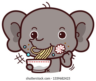 Cute character cartoon Elephant, eating ramen noodles. 