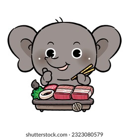 Cute Character Cartoon Elephant Eating Korean Barbecue. or Thai Style Thai BBQ. Moo Kratha.