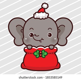 Un elefante de caricatura en la bolsa roja de Santa Claus para Navidad.