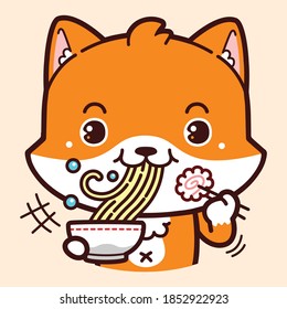 Cute Character Cartoon Fox, Eating ramen noodles.
