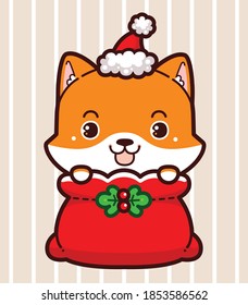 Caricatura lindo Fox de personaje en el Bolso Rojo Santa Claus por Navidad.