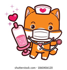 Cute Character Cartoon Fox wearing a mask for protection from Coronavirus (COVID-19), Cartoon Doctor using stethoscope and Holding Hypodermic Syringe.