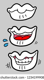 Cute Character Cartoon Funny smiling lips, mouth with tongue, White-toothed Smile, vector set.