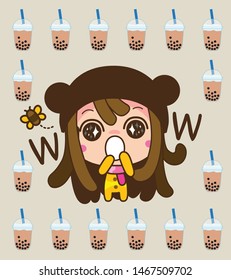 Cute Character Cartoon girl looking for The Bubble Tea, Pearl milk tea and popular drink vector, illustration 