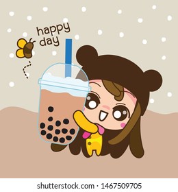 Cute Character Cartoon Girl Love Bubble Tea, Pearl milk tea and popular drink vector, illustration 