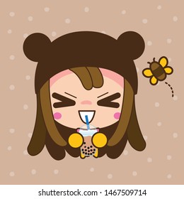 Cute Character Cartoon girl Love Bubble Tea, Pearl milk tea and popular drink vector, illustration 