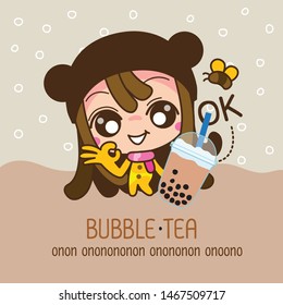 Cute Character Cartoon girl Love Bubble Tea, Pearl milk tea and popular drink vector, illustration 