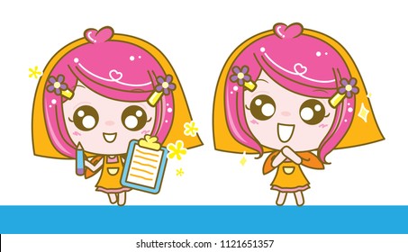 Cute Character Cartoon Girl Working and Happy Girl, Vector illustration.