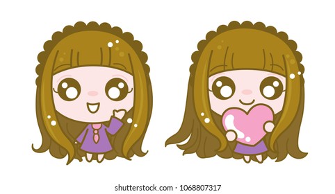 Cute Character Cartoon Girls Collection Set on White Background, Happy time, Love, Hello, Vector Illustration.