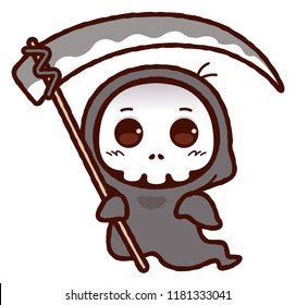 Cute character cartoon grim reaper with scythe. Cute Halloween skeleton death character. Angel of Death. Symbol for death. Kawaii cartoon style.