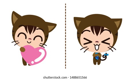 Cute Character Cartoon Happy and love Cat, Illustration of Kids doing emotional expressions, Vector illustration in a cartoon style.