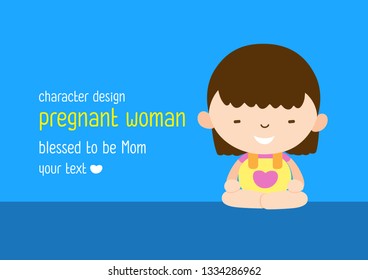 Cute Character Cartoon Happy Pregnant Woman on Blue Background, Meditate, doing exercises, Vector Illustration.