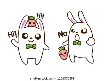 Cute Character Cartoon Happy Rabbit  on white background, Say Hi and Say No, vector illustration