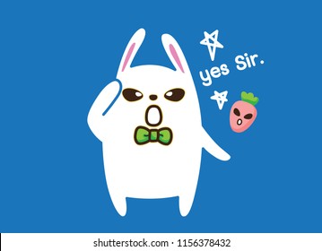 Cute Character Cartoon Happy Rabbit  on Blue Background, Yes Sir, Vector Illustration