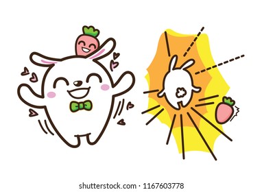 Cute Character Cartoon Happy Rabbit  on White Background, Cute Animal, Love, Run, Vector Illustration