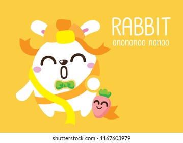 Cute Character Cartoon Happy Rabbit  on Yellow Background, Cute Animal, Happy Birthday, Gift, Vector Illustration