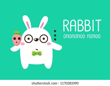 Cute Character Cartoon Happy Rabbit  on Green Background, Cute Animal, Vector Illustration