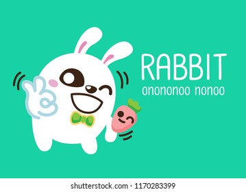 Cute Character Cartoon Happy Rabbit  on Green Background, Cute Animal, Vector Illustration