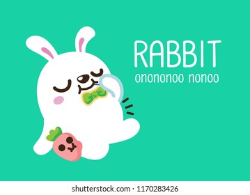 Cute Character Cartoon Happy Rabbit  on Green Background, Cute Animal, Full, Vector Illustration