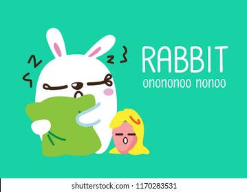 Cute Character Cartoon Happy Rabbit  on White Background, Cute Animal, Sleepy, Vector Illustration