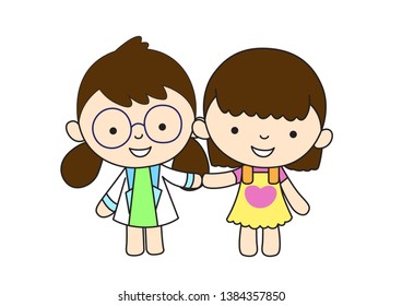 Cute Character Cartoon Happy Woman with Doctor, Vector Illustration