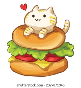 Ilustración de dibujos animados de carácter lindo con Hamburger con gato, Aislado sobre fondo blanco con patrón de papel de textura, Este diseño perfecto para usar como ilustración o como parte de su diseño.