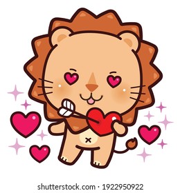 Cute Character Cartoon Lion in love with hearts in eyes in and heart with arrow.  I love you.
