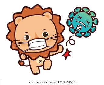 Cute Character Cartoon Lion wearing a mask for protection from Coronavirus (COVID-19), Fight virus concept, Punching a virus.