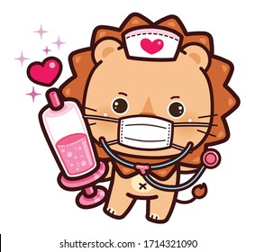 Cute Character Cartoon Lion wearing a mask for protection from Coronavirus (COVID-19), Cartoon Doctor using stethoscope and Holding Hypodermic Syringe.