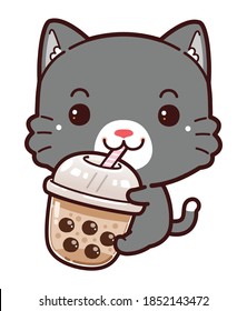 Cute Character Cartoon Little Black Cat Hug Bubble Milk Tea Fresh Drink  Black Pearls is Taiwanese Famous   Popular Drink  Hand drawing vector 
