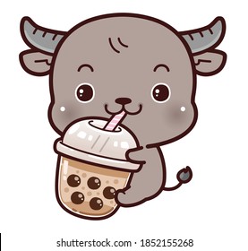 Cute Character Cartoon Little Buffalo Hug Bubble Milk Tea Fresh Drink, Black Pearls is Taiwanese Famous and Popular Drink. Hand drawing vector.