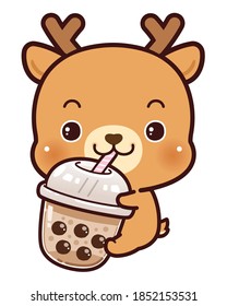 Cute Character Cartoon Little Deer Hug Bubble Milk Tea Fresh Drink, Black Pearls is Taiwanese Famous and Popular Drink. Hand drawing vector.