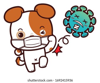 Cute Character Cartoon Little Dog wearing a mask for protection from Coronavirus (COVID-19), Fight virus concept, Punching a virus.