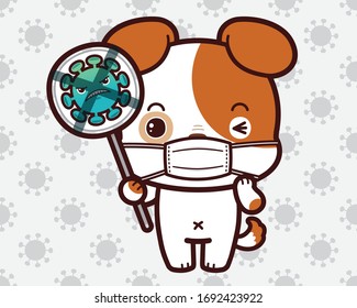 Cute Character Cartoon Little Dog wearing a mask for protection from Coronavirus (COVID-19), Holds Up Sign Stop Corona virus.