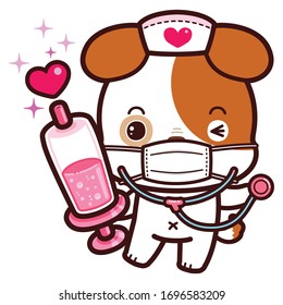 Cute Character Cartoon Little Dog mit einer Schutzmaske gegen Coronavirus (COVID-19), Cartoon Doctor mit Stethoskop und einer Hypodermie-Spritze.